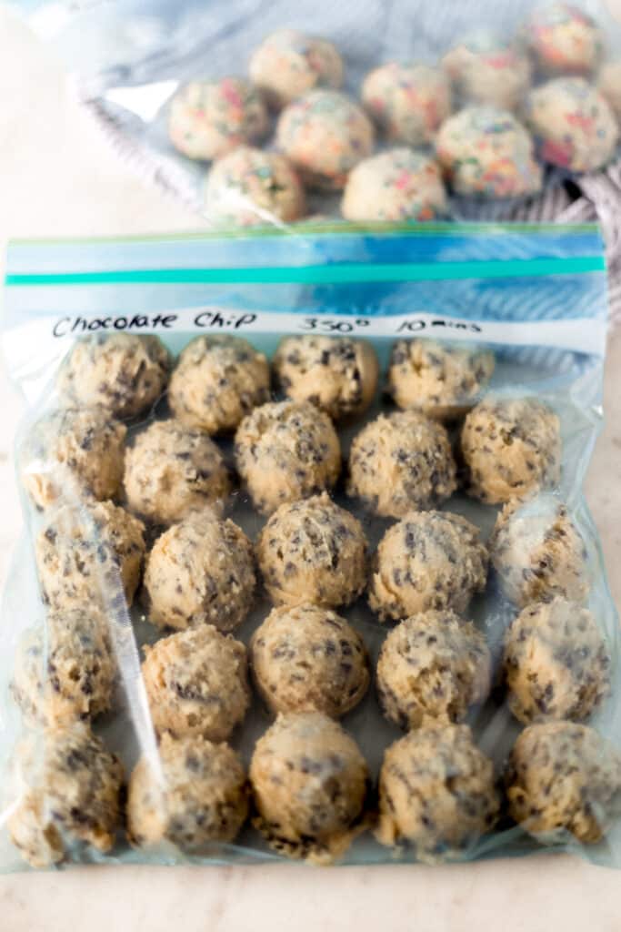frozen cookie dough in labeled freezer bags