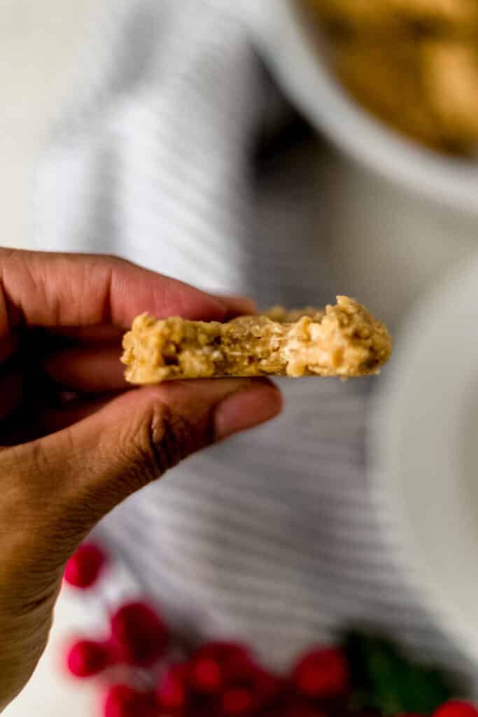 hand holding a no bake eggnog cookie that was bit into
