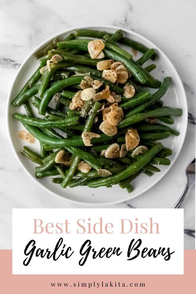 green beans on white plate with text overlay
