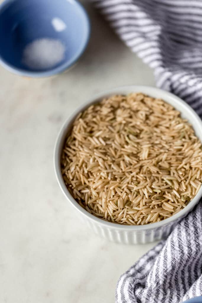 ingredients for instant pot brown rice with a napkin