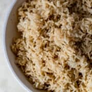 Overhead view of bowl of finished rice.