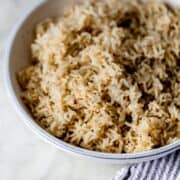 Close up view of bowl of finished rice.