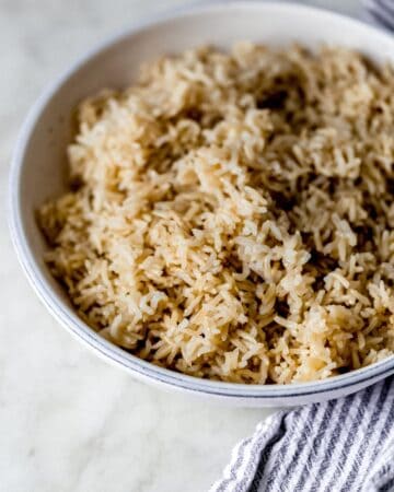 Close up view of bowl of finished rice.