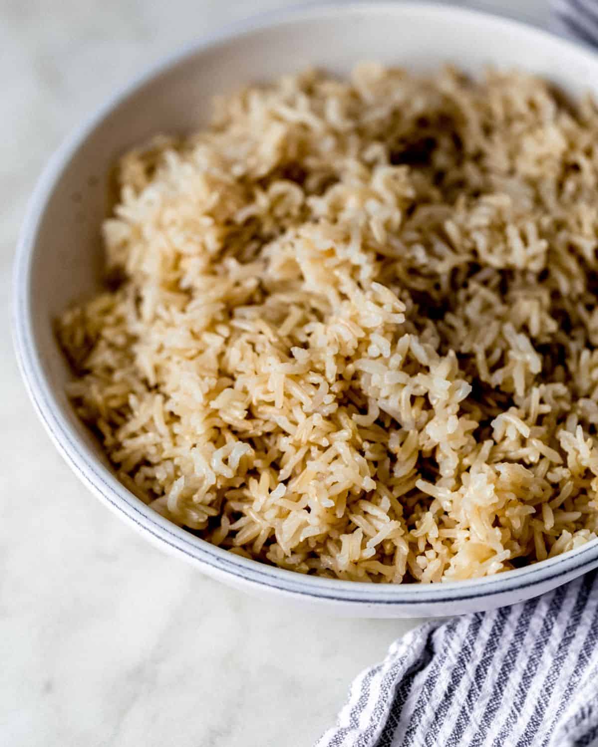 Close up front view of bowl of finished rice. 