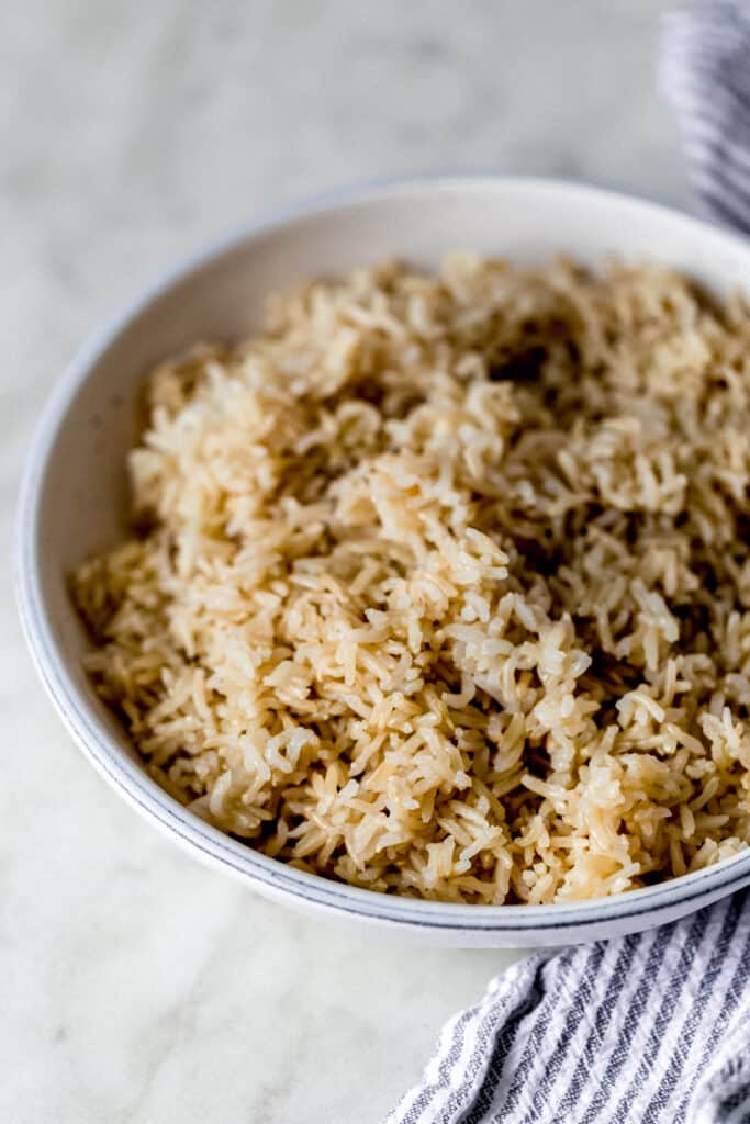 close up side view cooked instant pot brown rice 