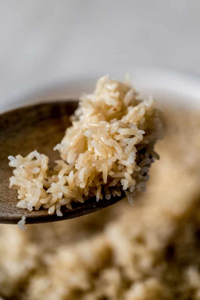 wooden spoon with brown rice being held by hand