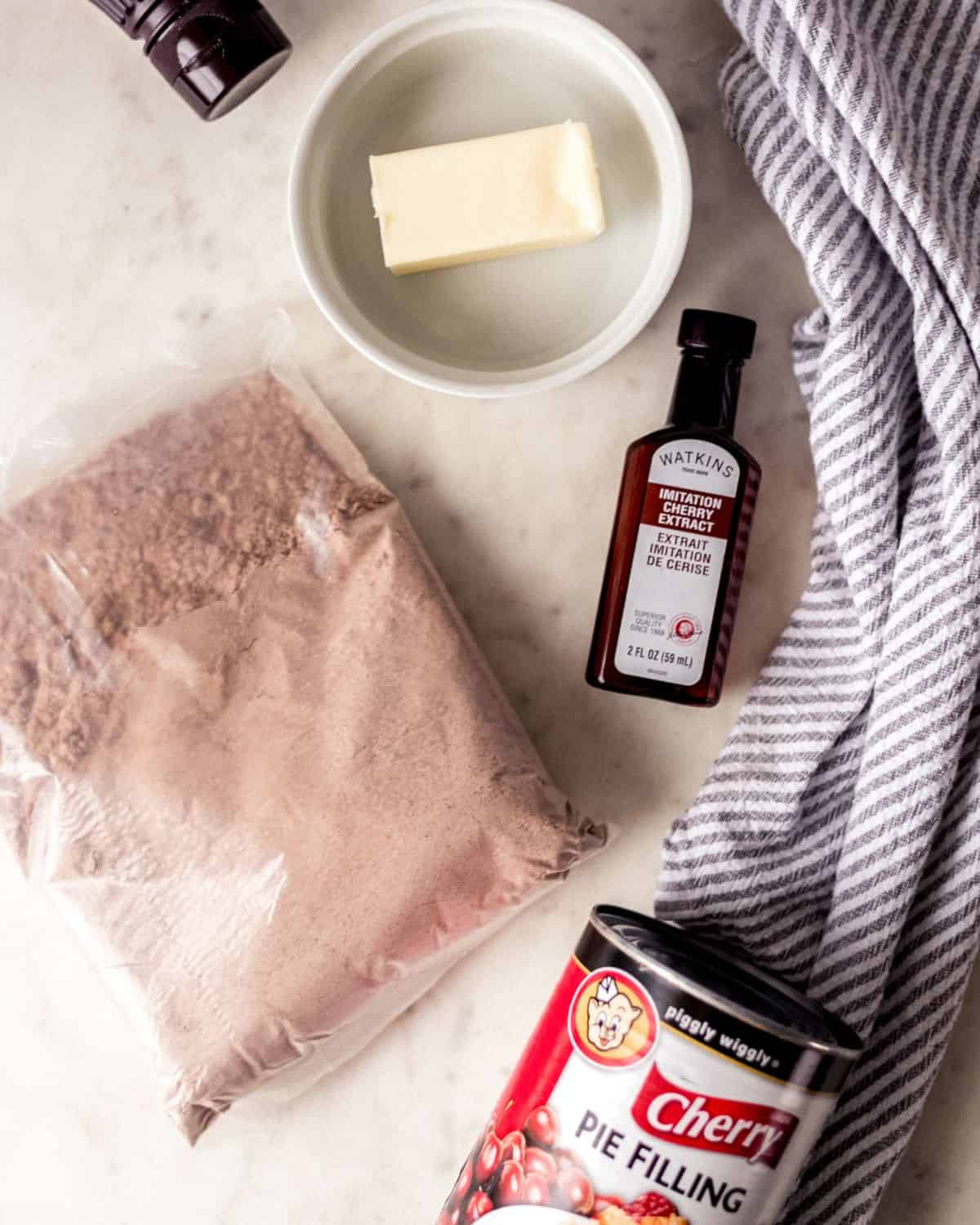 Overhead view of ingredients needed to make cake. 