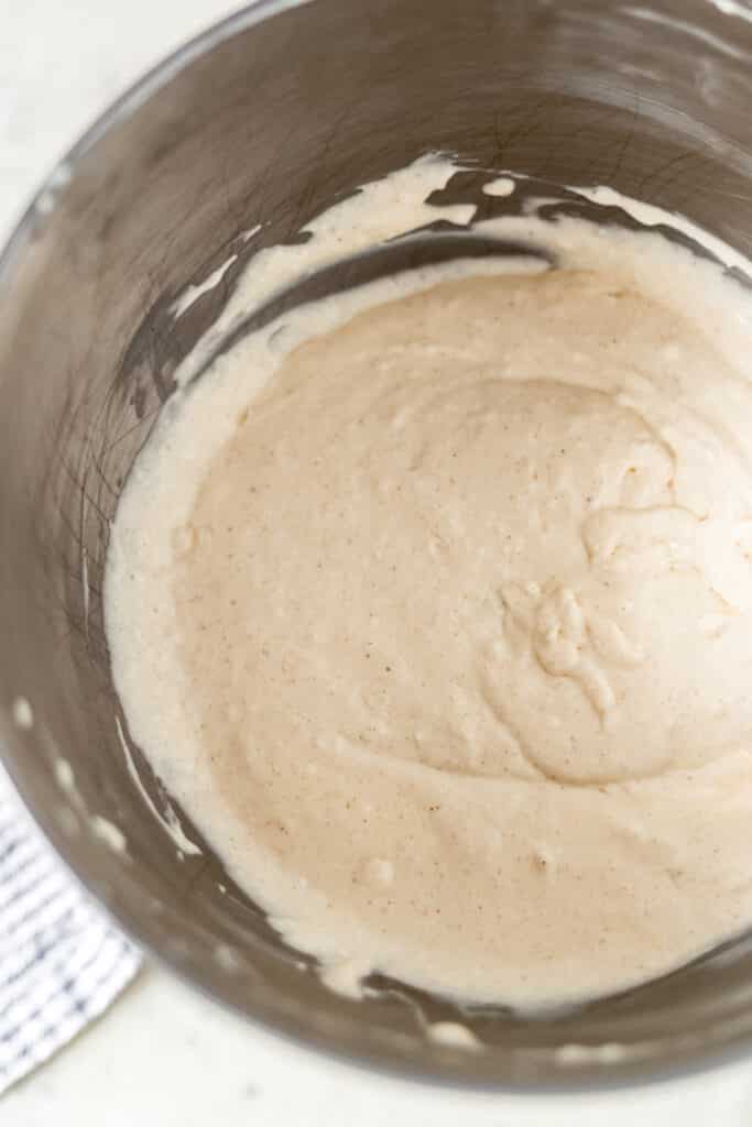 filling for no bake eggnog cheesecake in stand mixer bowl