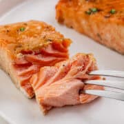 Close up view of salmon on white plate with fork in it.