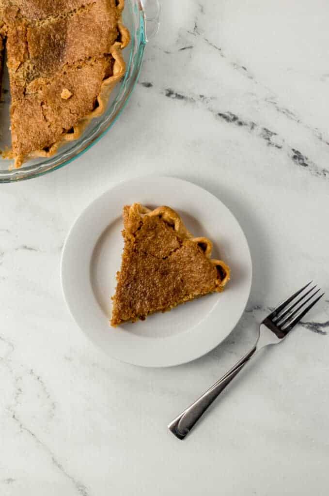 slice of pie on white plate beside a fork and the rest of the pie