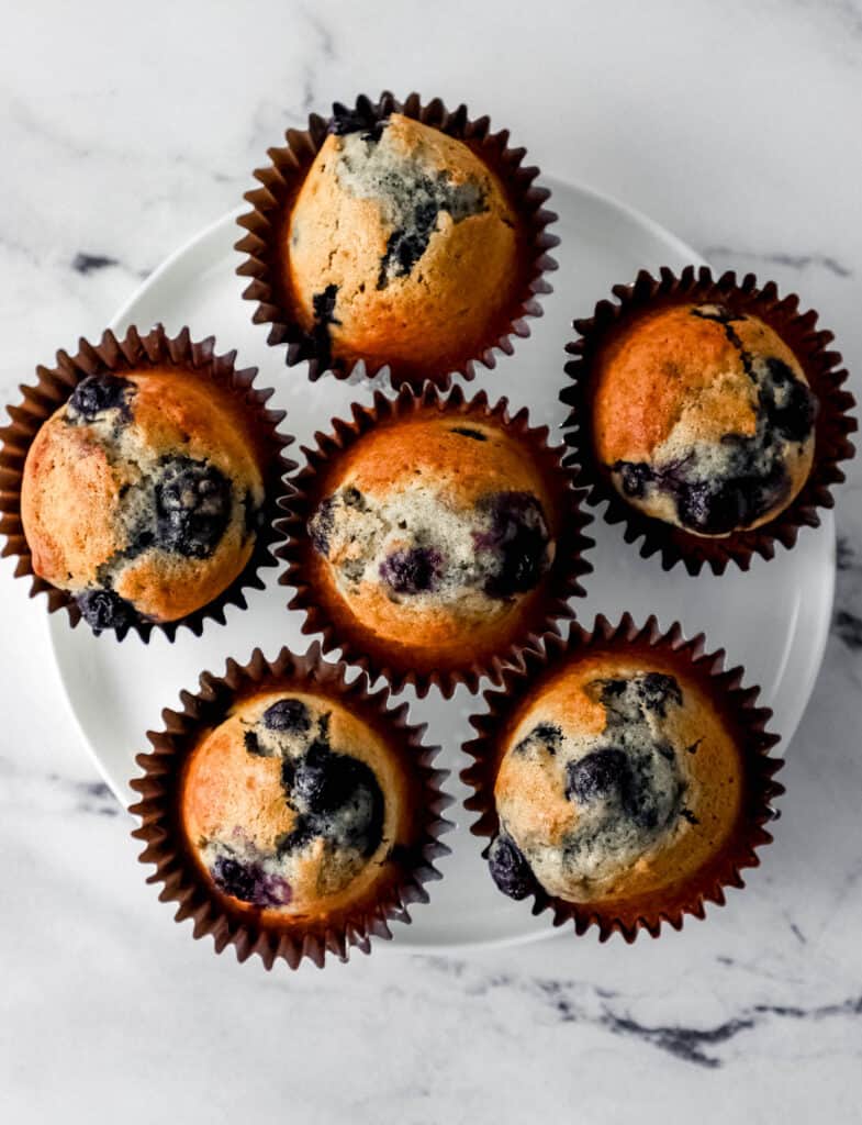 Overhead view of six muffins on white plate.