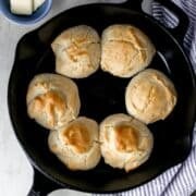 Finished Biscuits in a Cast Iron Skillet.
