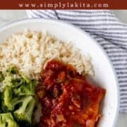 Bowl of finished pork chop with sides on pin with text overlay.