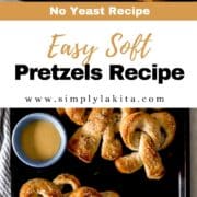 Two photos of finished pretzels on sheet pan on pin with text overlay.