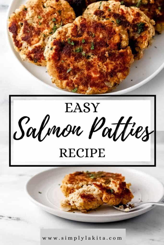 Two photos of finished salmon patties on a white plate with text overlay pin.