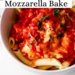 Close up view of bowl of pasta, sauce, and chicken pin with text overlay.