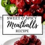 Two photos of finished meatballs on pin with text overlay.