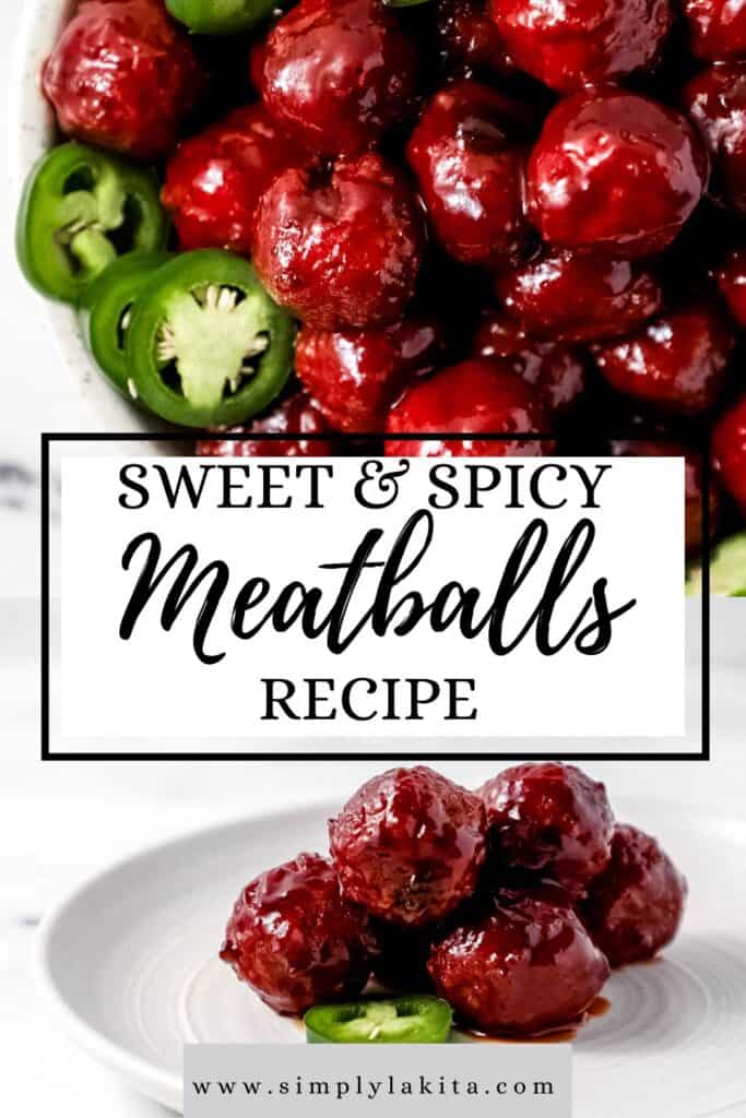 Two photos of finished meatballs on pin with text overlay.