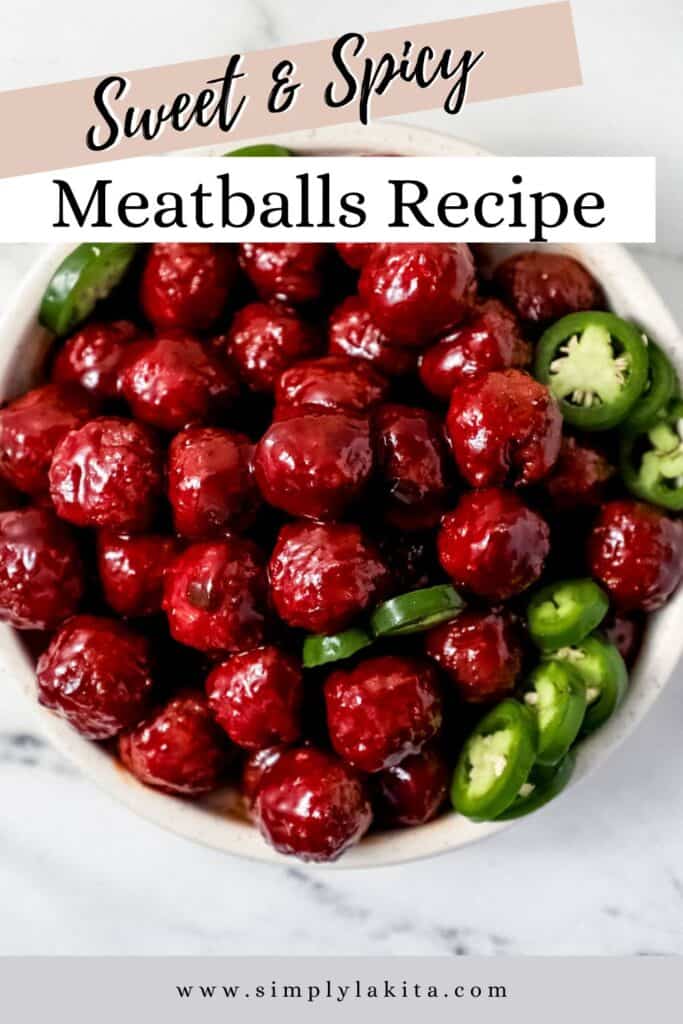 Overhead view of meatballs in a white bowl with slice jalapenos pin with text overlay.