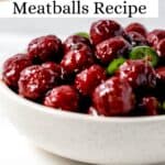 Close up side view of meatballs in white bowl pin with text overlay.