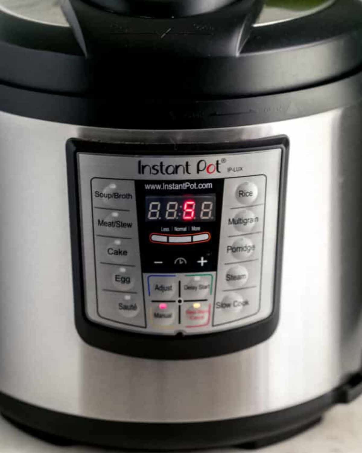 Close up front view of instant pot.