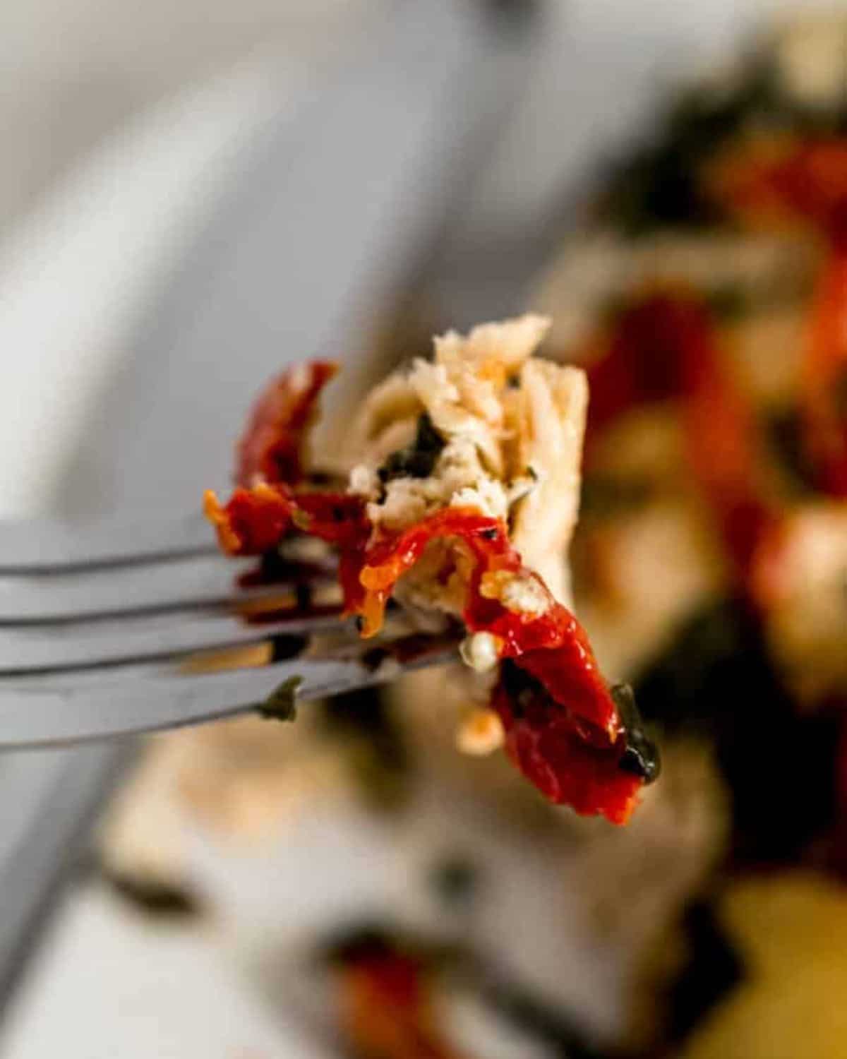 Serving of food on a fork.