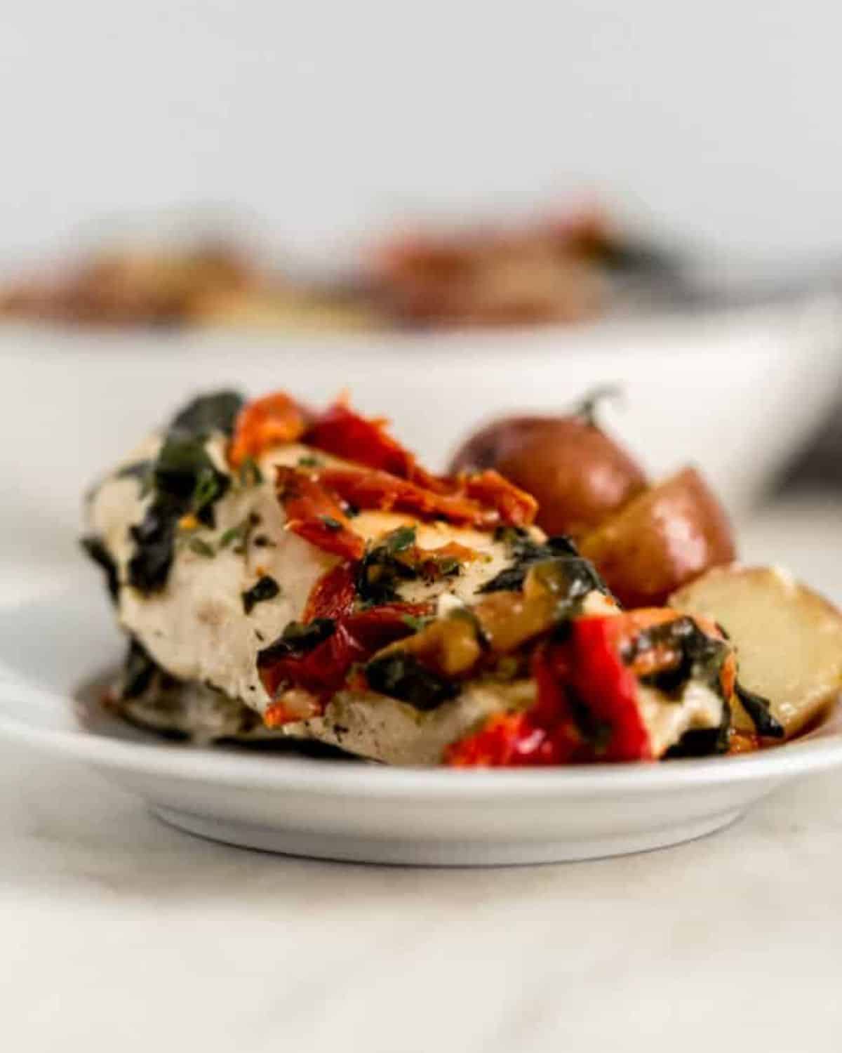 Close up side view of finished chicken on a plate.