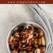 Overhead view of bowl of chicken and potatoes by fork on pin with text overlay.