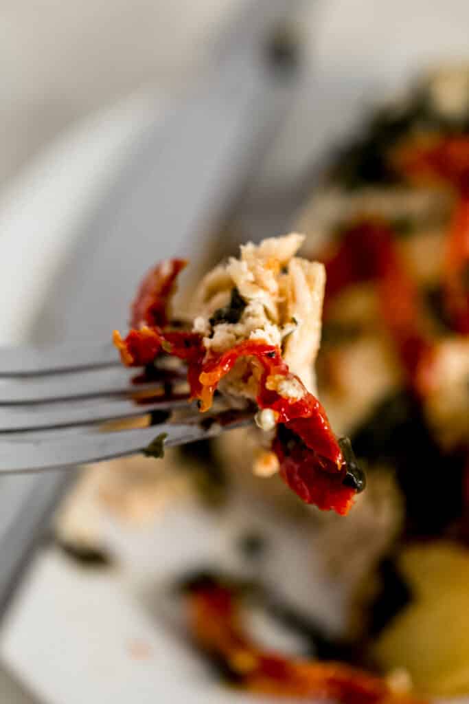 hand holding fork with sun dried tomato chicken on it