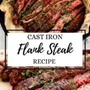 Two photos of finished steak in cast iron skillet and on parchment paper on pin with text overlay.