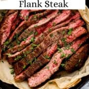 Overhead view of sliced steak topped with parsley in parchment lined skillet on pin with text overlay.