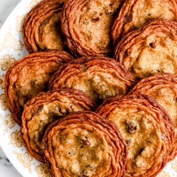 Overhead view of cookies on a plate.