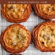 Overhead view of cookies on a rack on pin with text overlay.