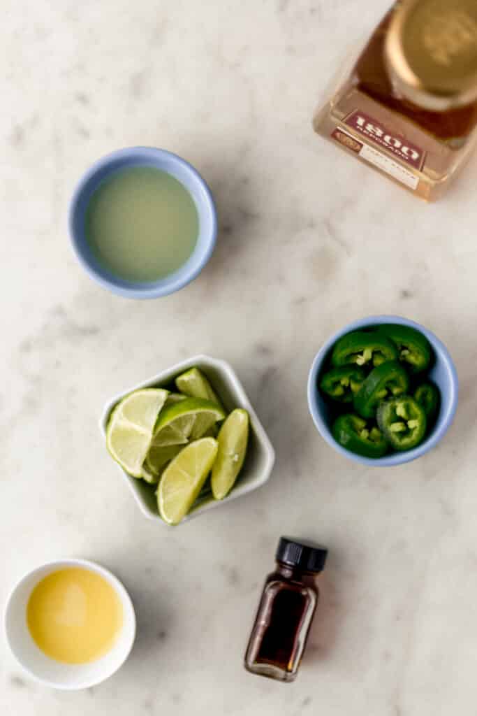 ingredients needed for the spicy margarita in small bowls