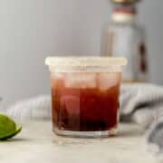 side view of margarita in sugar rimmed glass.