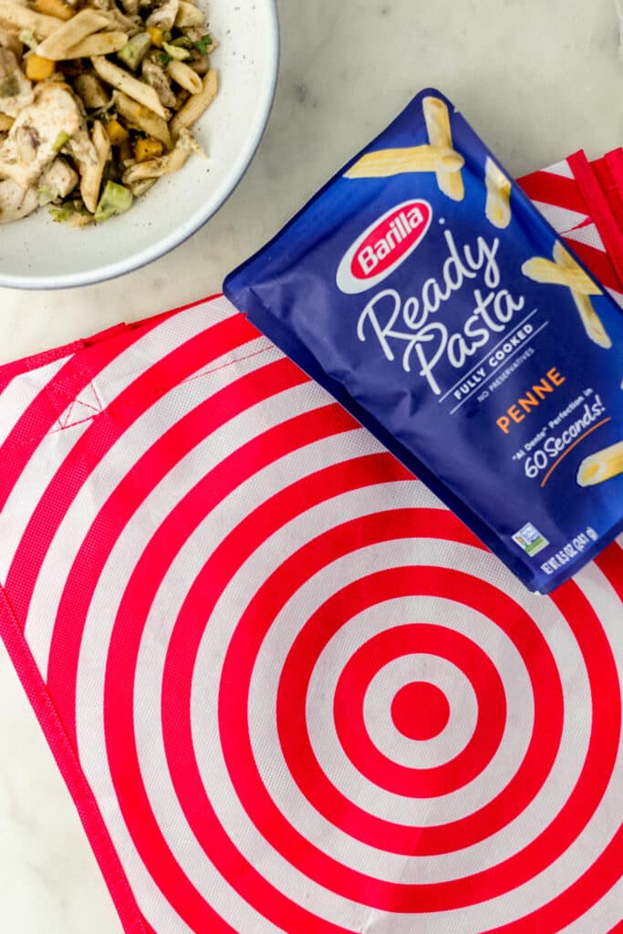 bowl of pasta, target bag, and barilla pasta package.