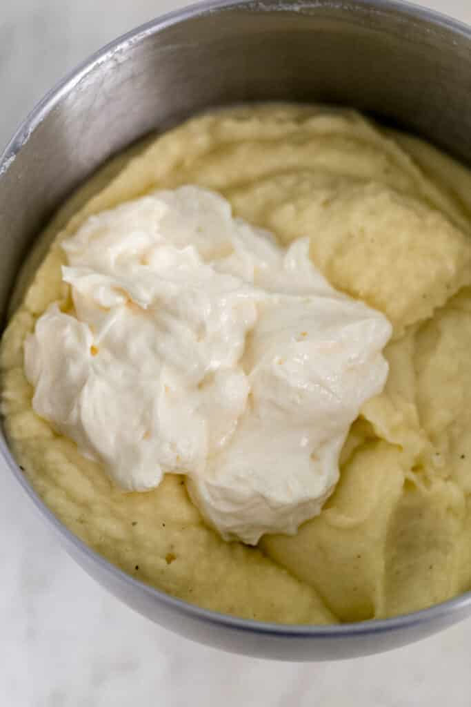 mayo added to other ingredients in stand mixer bowl. 