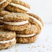 Close up view of pies stacked on each other.