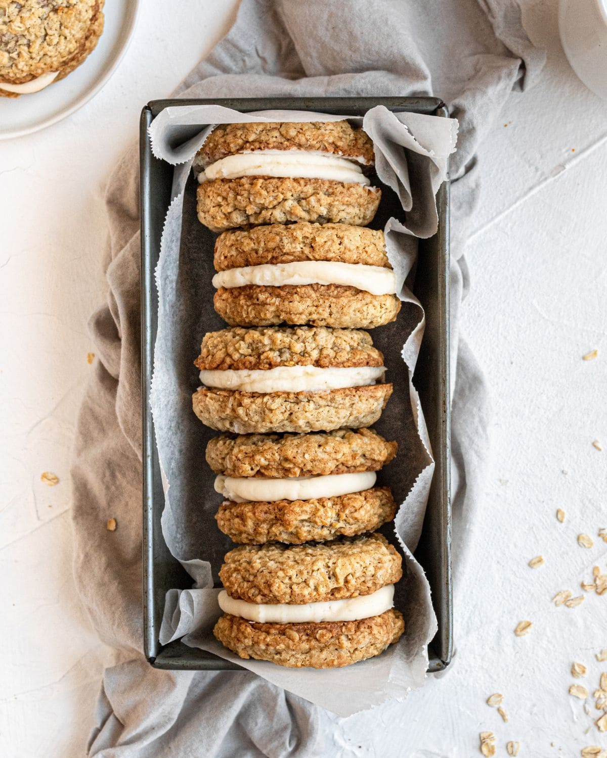 Overhead view of finished pies in loaf pan.