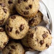 Overhead view of finished muffins in bowl.