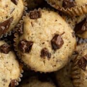 Close up view of finished bowl of muffins on pin with text overlay.