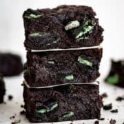 Close up view of stack of finished brownies.