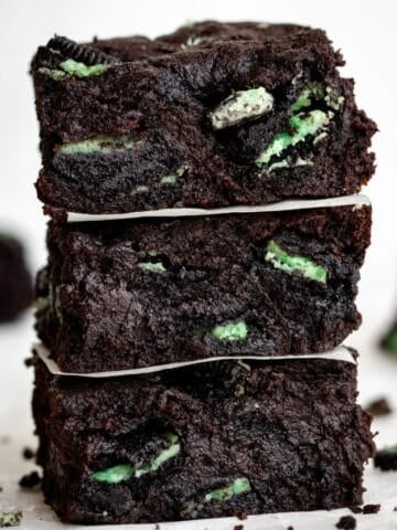 Close up view of stack of finished brownies.