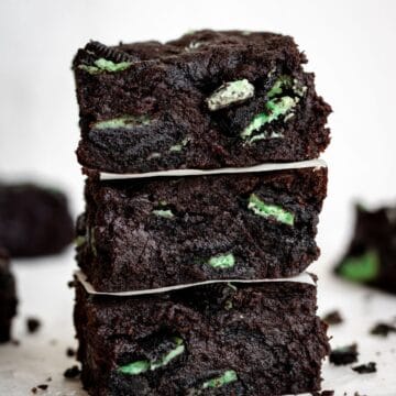 Close up view of stack of brownies.