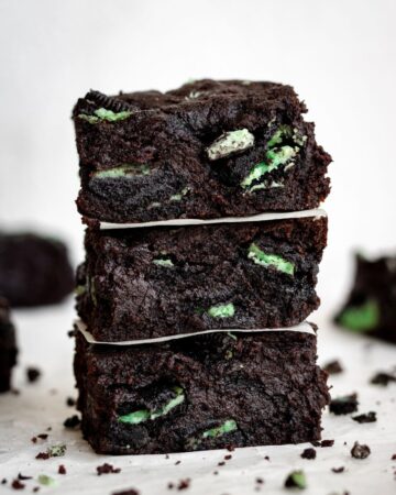 Close up view of stack of brownies.