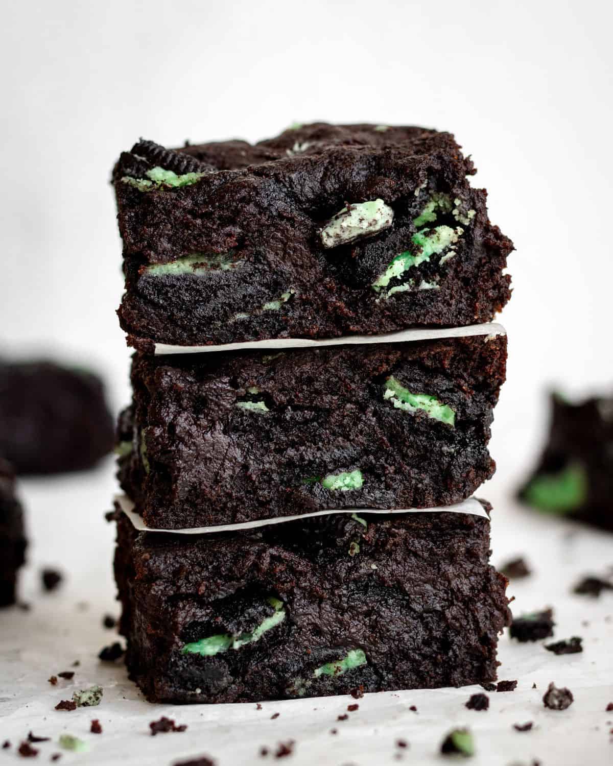 Close up stack of brownies.