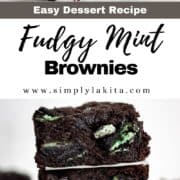 Two photos of the finished brownies on pin with text overlay.