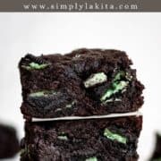 Close up photo of stack brownies on pin with text overlay.