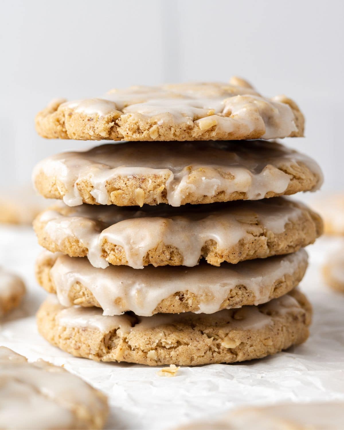 Close up side view of a stack of finished cookies. 