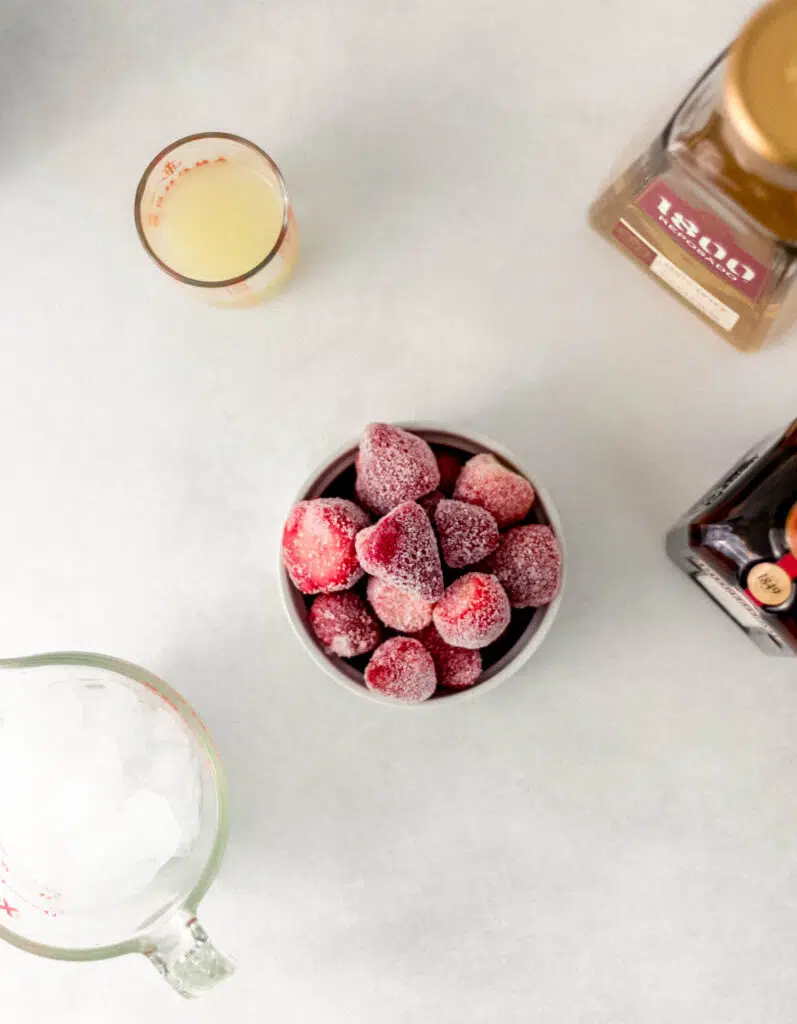 overhead view of ingredients needed to make a frozen margarita.